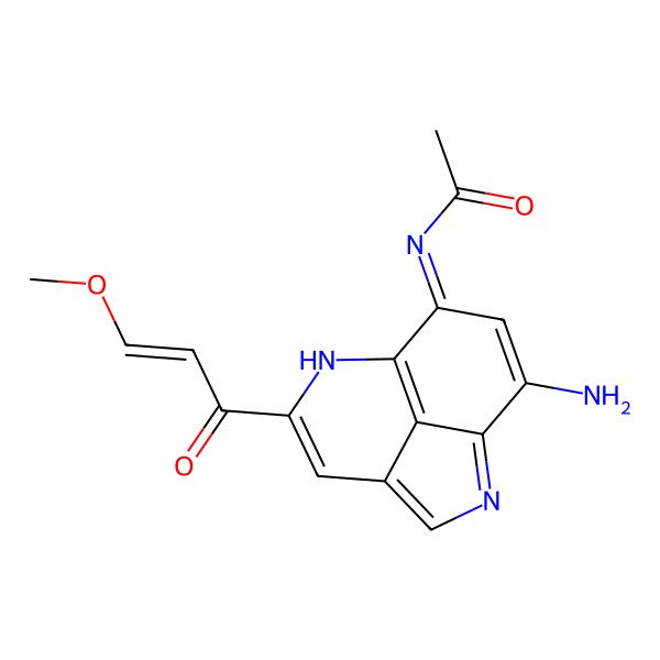 2D Structure of N-[11-amino-6-[(E)-3-methoxyprop-2-enoyl]-2,7-diazatricyclo[6.3.1.04,12]dodeca-1,3,5,8(12),10-pentaen-9-ylidene]acetamide