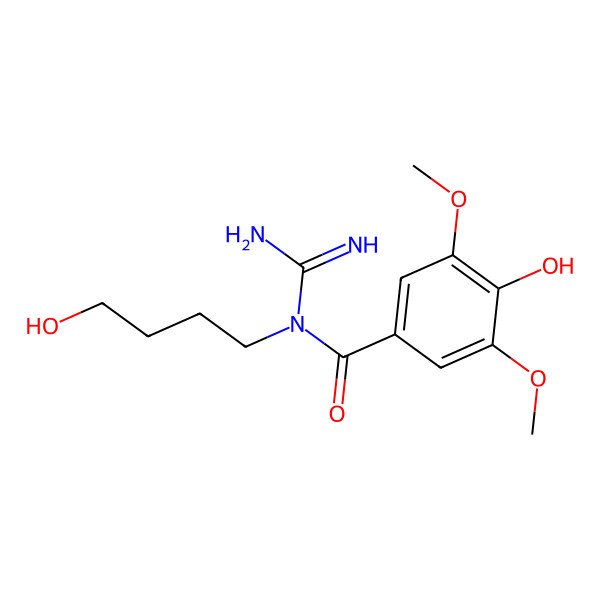 2D Structure of N-carbamimidoyl-4-hydroxy-N-(4-hydroxybutyl)-3,5-dimethoxybenzamide 2D Structure of N-carbamimidoyl-4-hydroxy-N-(4-hydroxybutyl)-3,5-dimethoxybenzamide