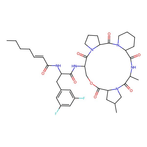 2D Structure of N-[N-(2-Heptenoyl)-3,5-difluoro-L-phenylalanyl]cyclo(Ser*-Pro-L-Pip-Ala-4beta-methyl-Pro-)