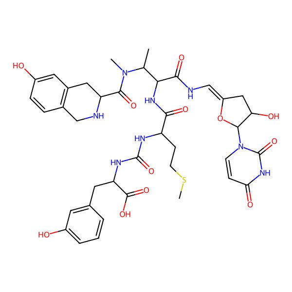 2D Structure of 2-[[1-[[1-[[(E)-[5-(2,4-Dioxopyrimidin-1-yl)-4-hydroxyoxolan-2-ylidene]methyl]amino]-3-[(6-hydroxy-1,2,3,4-tetrahydroisoquinoline-3-carbonyl)-methylamino]-1-oxobutan-2-yl]amino]-4-methylsulfanyl-1-oxobutan-2-yl]carbamoylamino]-3-(3-hydroxyphenyl)propanoic acid