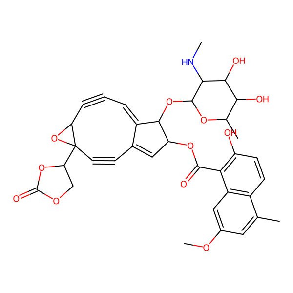 2D Structure of [11-[4,5-Dihydroxy-6-methyl-3-(methylamino)oxan-2-yl]oxy-4-(2-oxo-1,3-dioxolan-4-yl)-5-oxatricyclo[8.3.0.04,6]trideca-1(13),9-dien-2,7-diyn-12-yl] 2-hydroxy-7-methoxy-5-methylnaphthalene-1-carboxylate