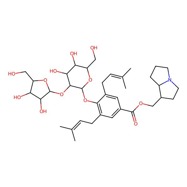 2D Structure of ((1S,7AR)-hexahydro-1H-pyrrolizin-1-yl)methyl 4-(((2S,3R,4S,5S,6R)-3-(((2S,3R,4R,5S)-3,4-dihydroxy-5-(hydroxymethyl)tetrahydrofuran-2-yl)oxy)-4,5-dihydroxy-6-(hydroxymethyl)tetrahydro-2H-pyran-2-yl)oxy)-3,5-bis(3-methylbut-2-en-1-yl)benzoate