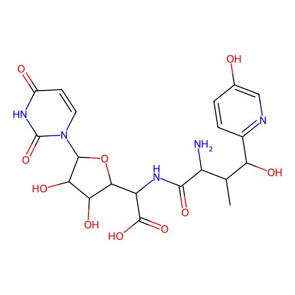 2D Structure of 2-[[2-Amino-4-hydroxy-4-(5-hydroxypyridin-2-yl)-3-methylbutanoyl]amino]-2-[5-(2,4-dioxopyrimidin-1-yl)-3,4-dihydroxyoxolan-2-yl]acetic acid