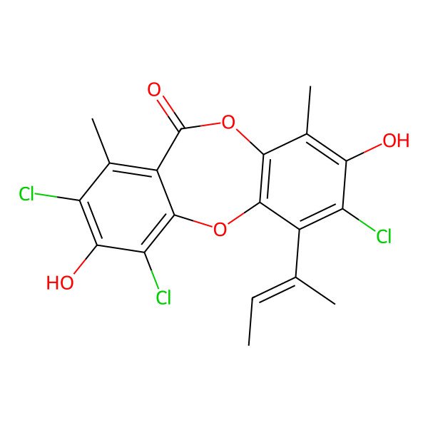 2D Structure of 1-[(E)-but-2-en-2-yl]-2,8,10-trichloro-3,9-dihydroxy-4,7-dimethylbenzo[b][1,4]benzodioxepin-6-one