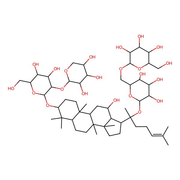 2D Structure of 2-[[6-[2-[3-[4,5-dihydroxy-6-(hydroxymethyl)-3-(3,4,5-trihydroxyoxan-2-yl)oxyoxan-2-yl]oxy-12-hydroxy-4,4,8,10,14-pentamethyl-2,3,5,6,7,9,11,12,13,15,16,17-dodecahydro-1H-cyclopenta[a]phenanthren-17-yl]-6-methylhept-5-en-2-yl]oxy-3,4,5-trihydroxyoxan-2-yl]methoxy]-6-(hydroxymethyl)oxane-3,4,5-triol