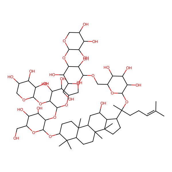 2D Structure of (2S,3R,4S,5S,6R)-2-[(2S)-2-[(3S,5R,8R,9R,10R,12R,13R,14R,17S)-3-[(2R,3R,4S,5S,6R)-3-[(2S,3R,4S,5S,6R)-4,5-dihydroxy-6-(hydroxymethyl)-3-[(2S,3R,4S,5R)-3,4,5-trihydroxyoxan-2-yl]oxyoxan-2-yl]oxy-4,5-dihydroxy-6-(hydroxymethyl)oxan-2-yl]oxy-12-hydroxy-4,4,8,10,14-pentamethyl-2,3,5,6,7,9,11,12,13,15,16,17-dodecahydro-1H-cyclopenta[a]phenanthren-17-yl]-6-methylhept-5-en-2-yl]oxy-6-[[(2R,3R,4S,5R,6R)-3,5-dihydroxy-6-(hydroxymethyl)-4-[(2S,3R,4S,5R)-3,4,5-trihydroxyoxan-2-yl]oxyoxan-2-yl]oxymethyl]oxane-3,4,5-triol