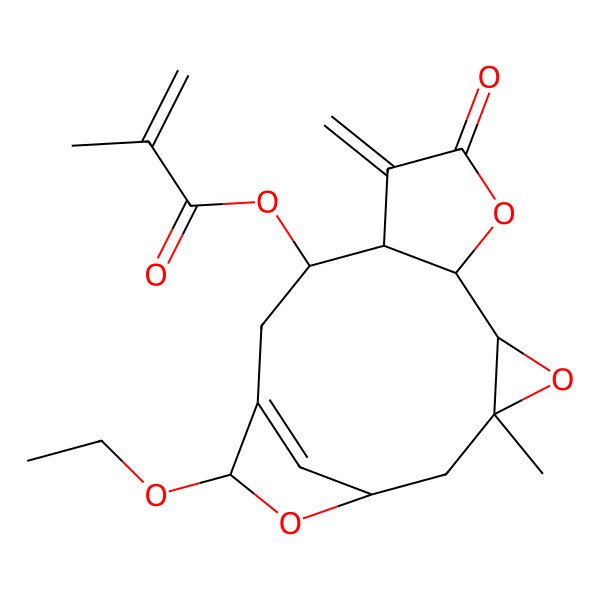 2D Structure of (14-Ethoxy-3-methyl-9-methylidene-8-oxo-4,7,15-trioxatetracyclo[11.2.1.03,5.06,10]hexadec-13(16)-en-11-yl) 2-methylprop-2-enoate