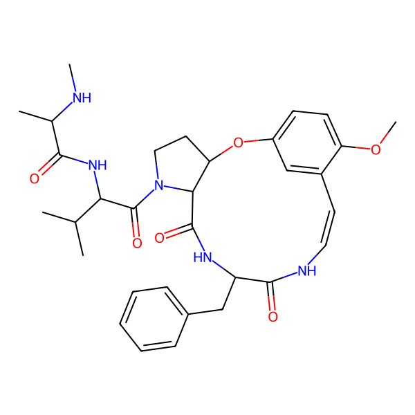 2D Structure of (2S)-N-[(2S)-1-[(3S,7S,10S,13Z)-10-benzyl-16-methoxy-8,11-dioxo-2-oxa-6,9,12-triazatricyclo[13.3.1.03,7]nonadeca-1(19),13,15,17-tetraen-6-yl]-3-methyl-1-oxobutan-2-yl]-2-(methylamino)propanamide