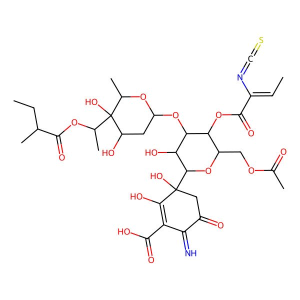 2D Structure of 5-[6-(acetyloxymethyl)-4-[4,5-dihydroxy-6-methyl-5-[1-(2-methylbutanoyloxy)ethyl]oxan-2-yl]oxy-3-hydroxy-5-[(E)-2-isothiocyanatobut-2-enoyl]oxyoxan-2-yl]-2-amino-5-hydroxy-3,6-dioxocyclohexene-1-carboxylic acid