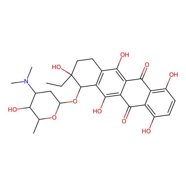 2D Structure of 10-[4-(dimethylamino)-5-hydroxy-6-methyloxan-2-yl]oxy-9-ethyl-1,4,6,9,11-pentahydroxy-8,10-dihydro-7H-tetracene-5,12-dione