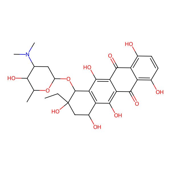 2D Structure of (7S,9R,10R)-10-[(4R,5R,6R)-4-(dimethylamino)-5-hydroxy-6-methyloxan-2-yl]oxy-9-ethyl-1,4,6,7,9,11-hexahydroxy-8,10-dihydro-7H-tetracene-5,12-dione