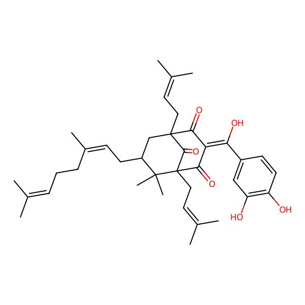 2D Structure of (1S,3E,5R,7R)-3-[(3,4-dihydroxyphenyl)-hydroxymethylidene]-7-[(2E)-3,7-dimethylocta-2,6-dienyl]-6,6-dimethyl-1,5-bis(3-methylbut-2-enyl)bicyclo[3.3.1]nonane-2,4,9-trione