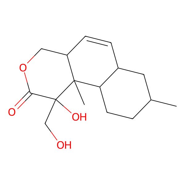 2D Structure of (1S,4aS,6aR,8S,10aS,10bR)-1,4,4a,6a,7,8,9,10,10a,10b-Decahydro-1-hydroxy-1-(hydroxymethyl)-8,10b-dimethyl-2H-naphtho[2,1-c]pyran-2-one