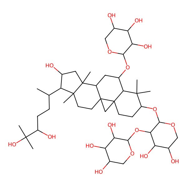 2D Structure of 2-[[15-(5,6-Dihydroxy-6-methylheptan-2-yl)-6-[4,5-dihydroxy-3-(3,4,5-trihydroxyoxan-2-yl)oxyoxan-2-yl]oxy-14-hydroxy-7,7,12,16-tetramethyl-9-pentacyclo[9.7.0.01,3.03,8.012,16]octadecanyl]oxy]oxane-3,4,5-triol