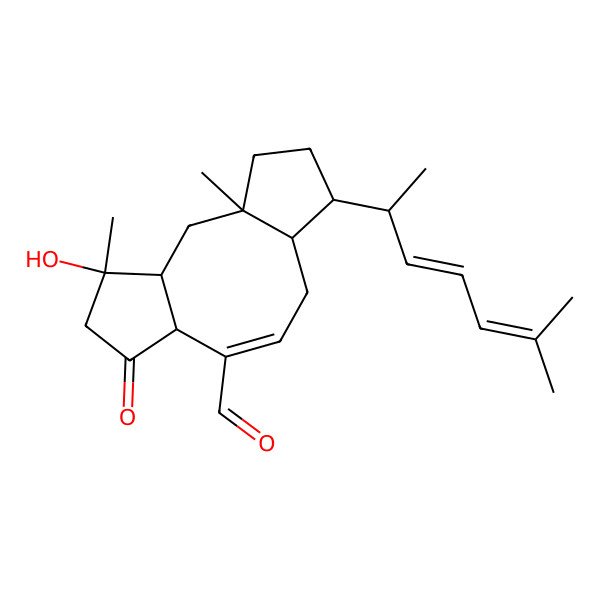 2D Structure of (1R,3S,4R,7S,8E,11S,12R)-4-hydroxy-1,4-dimethyl-12-[(2S,3Z)-6-methylhepta-3,5-dien-2-yl]-6-oxotricyclo[9.3.0.03,7]tetradec-8-ene-8-carbaldehyde