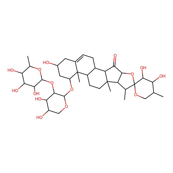 2D Structure of (1R,2S,3'S,4R,4'S,5'S,6S,7S,8R,9R,12S,13R,14R,16R)-14-[(2S,3R,4S,5S)-4,5-dihydroxy-3-[(2S,3R,4R,5R,6S)-3,4,5-trihydroxy-6-methyloxan-2-yl]oxyoxan-2-yl]oxy-3',4',16-trihydroxy-5',7,9,13-tetramethylspiro[5-oxapentacyclo[10.8.0.02,9.04,8.013,18]icos-18-ene-6,2'-oxane]-3-one