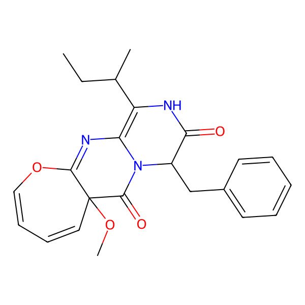 2D Structure of (7S,10R)-7-benzyl-4-[(2R)-butan-2-yl]-10-methoxy-15-oxa-2,5,8-triazatricyclo[8.5.0.03,8]pentadeca-1,3,11,13-tetraene-6,9-dione