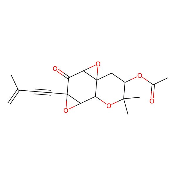 2D Structure of 2H,5aH-Bisoxireno(e,h)-1-benzopyran-6(6aH)-one, tetrahydro-3-(acetyloxy)-2,2-dimethyl-6a-(3-methyl-3-buten-1-ynyl)-, (3-alpha,4ar*,5a-alpha,6a-alpha,7a-alpha,7b-beta)-, (-)-