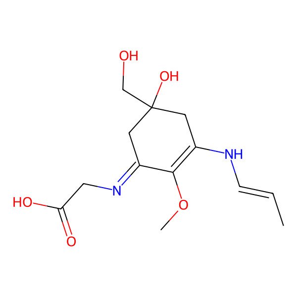 2D Structure of 2-[[5-hydroxy-5-(hydroxymethyl)-2-methoxy-3-[[(E)-prop-1-enyl]amino]cyclohex-2-en-1-ylidene]amino]acetic acid