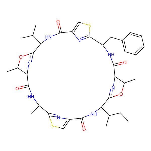 2D Structure of (4S,7R,8S,11R,18S,21R,22S,25R)-7,11,21-Trimethyl-4-(1-methylethyl)-18-((1S)-1-methylpropyl)-25-(phenylmethyl)-6,20-dioxa-13,27-dithia-3,10,17,24,29,30,31,32-octaazapentacyclo(24.2.1.15,8.112,15.119,22)dotriaconta-5(32),12(31),14,19(30),26(29),28-hexaene-2,9,16,23-tetrone