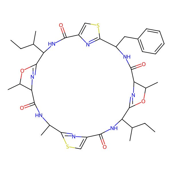 2D Structure of (4S,7R,8S,11R,18S,21R,22S,25R)-7,11,21-Trimethyl-4,18-bis((1S)-1-methylpropyl)-25-(phenylmethyl)-6,20-dioxa-13,27-dithia-3,10,17,24,29,30,31,32-octaazapentacyclo(24.2.1.15,8.112,15.119,22)dotriaconta-5(32),12(31),14,19(30),26(29),28-hexaene-2,9,16,23-tetrone