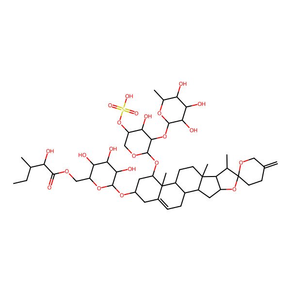 2D Structure of [(2S,3S,4S,6R)-3,4,5-trihydroxy-6-[(1S,2S,4S,6R,8R,9S,12S,13R,14S,16R)-14-[(2S,4R,5S)-4-hydroxy-5-sulfooxy-3-[(2S,3R,4R,5R,6R)-3,4,5-trihydroxy-6-methyloxan-2-yl]oxyoxan-2-yl]oxy-7,9,13-trimethyl-5'-methylidenespiro[5-oxapentacyclo[10.8.0.02,9.04,8.013,18]icos-18-ene-6,2'-oxane]-16-yl]oxyoxan-2-yl]methyl 2-hydroxy-3-methylpentanoate
