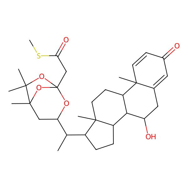 2D Structure of S-methyl 2-[(1S,3R,5S)-3-[(1S)-1-[(8S,10R,13R)-7-hydroxy-10,13-dimethyl-3-oxo-6,7,8,9,11,12,14,15,16,17-decahydrocyclopenta[a]phenanthren-17-yl]ethyl]-5,6,6-trimethyl-2,7,8-trioxabicyclo[3.2.1]octan-1-yl]ethanethioate