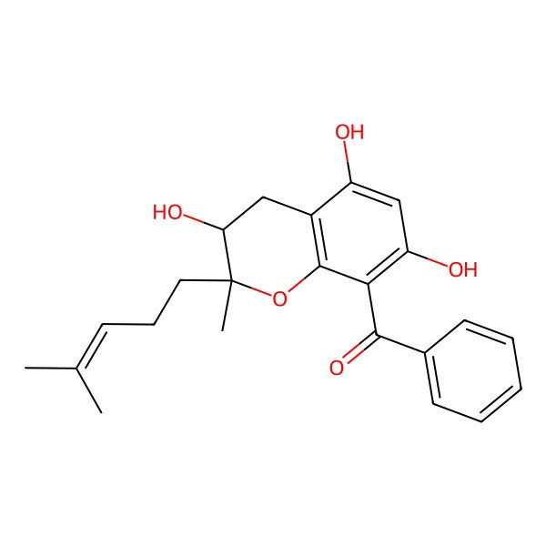2D Structure of phenyl-[(2S,3S)-3,5,7-trihydroxy-2-methyl-2-(4-methylpent-3-enyl)-3,4-dihydrochromen-8-yl]methanone