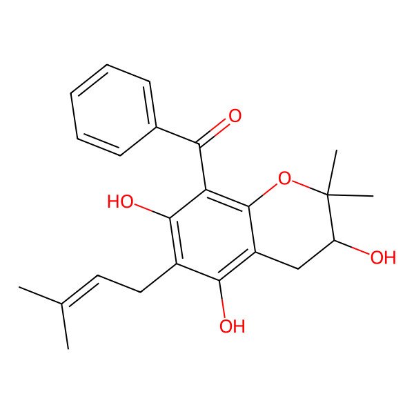 2D Structure of Phenyl-[3,5,7-trihydroxy-2,2-dimethyl-6-(3-methylbut-2-enyl)-3,4-dihydrochromen-8-yl]methanone