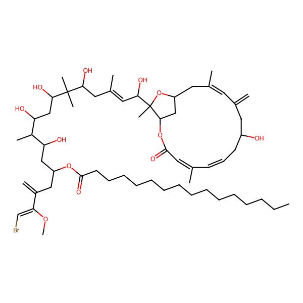 2D Structure of [(1E,5S,7S,8R,9R,11S,13R,15E,17R)-1-bromo-7,9,11,13,17-pentahydroxy-17-[(1R,4Z,9R,12Z,15S,17R)-9-hydroxy-5,13,17-trimethyl-11-methylidene-3-oxo-2,16-dioxabicyclo[13.2.1]octadeca-4,6,12-trien-17-yl]-2-methoxy-8,12,12,15-tetramethyl-3-methylideneheptadeca-1,15-dien-5-yl] hexadecanoate