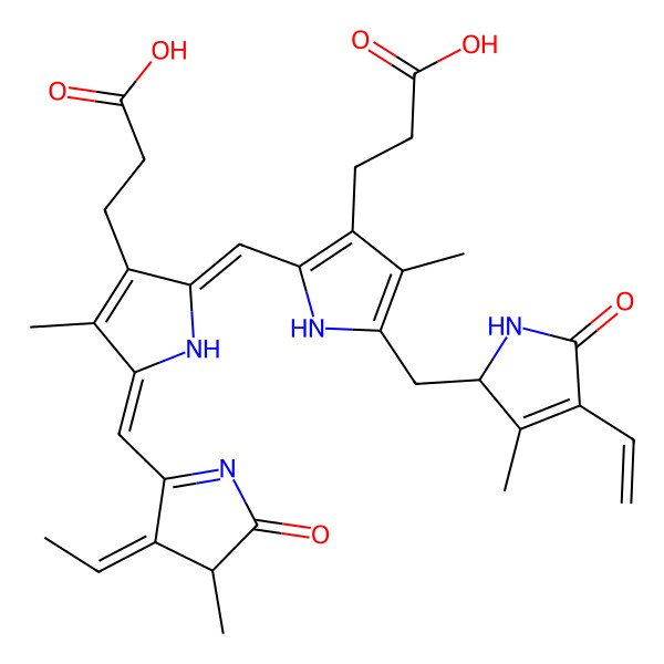 2D Structure of 3-[2-[[3-(2-carboxyethyl)-5-[(4-ethenyl-3-methyl-5-oxo-1,2-dihydropyrrol-2-yl)methyl]-4-methyl-1H-pyrrol-2-yl]methylidene]-5-[[(3E)-3-ethylidene-4-methyl-5-oxopyrrol-2-yl]methylidene]-4-methylpyrrol-3-yl]propanoic acid