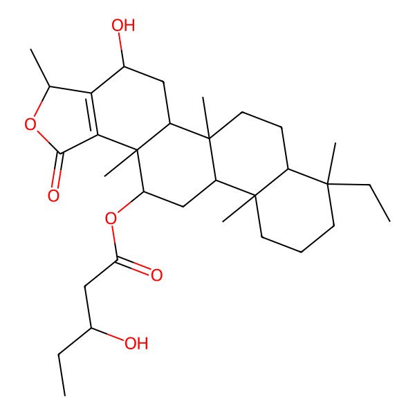 2D Structure of [(3S,4R,5As,5bR,7aS,8S,11aS,11bR,13R,13aS)-8-ethyl-4-hydroxy-3,5b,8,11a,13a-pentamethyl-1-oxo-4,5,5a,6,7,7a,9,10,11,11b,12,13-dodecahydro-3H-phenanthro[2,1-e][2]benzofuran-13-yl] 3-hydroxypentanoate