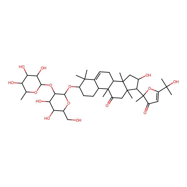 2D Structure of (2R)-2-[(3R,8S,9R,10S,13R,14S,16R,17R)-3-[(2R,3R,4S,5S,6R)-4,5-dihydroxy-6-(hydroxymethyl)-3-[(2S,3R,4R,5R,6S)-3,4,5-trihydroxy-6-methyloxan-2-yl]oxyoxan-2-yl]oxy-16-hydroxy-4,4,9,13,14-pentamethyl-11-oxo-1,2,3,7,8,10,12,15,16,17-decahydrocyclopenta[a]phenanthren-17-yl]-5-(2-hydroxypropan-2-yl)-2-methylfuran-3-one