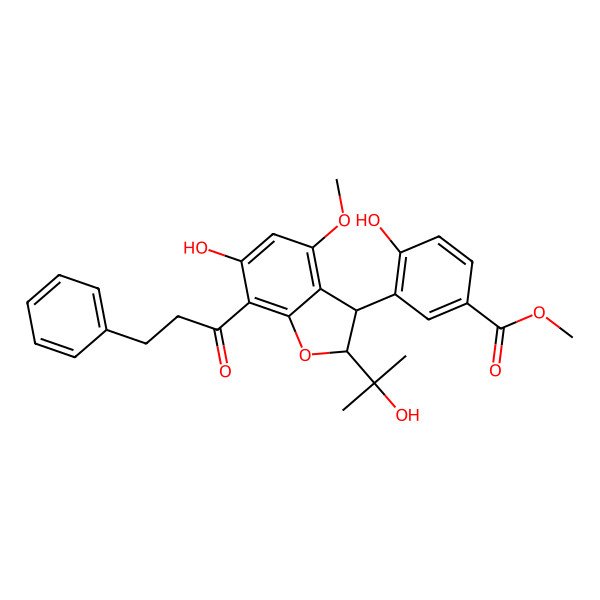 2D Structure of Benzoic acid, 3-((2R,3R)-2,3-dihydro-6-hydroxy-2-(1-hydroxy-1-methylethyl)-4-methoxy-7-(1-oxo-3-phenylpropyl)-3-benzofuranyl)-4-hydroxy-, methyl ester, rel-(-)-