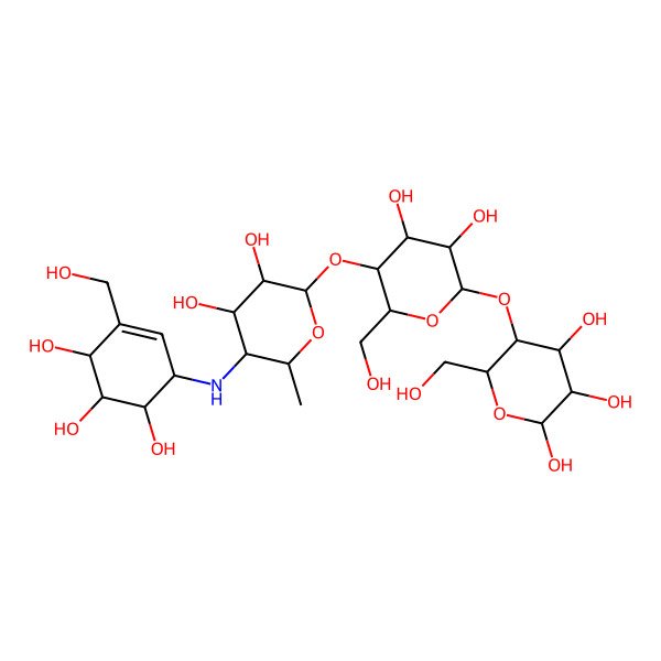 2D Structure of 4,6-Dideoxy-4-((4,5,6-trihydroxy-3-(hydroxymethyl)cyclohex-2-en-1-yl)amino)hexopyranosyl-(1->4)hexopyranosyl-(1->4)hexopyranose