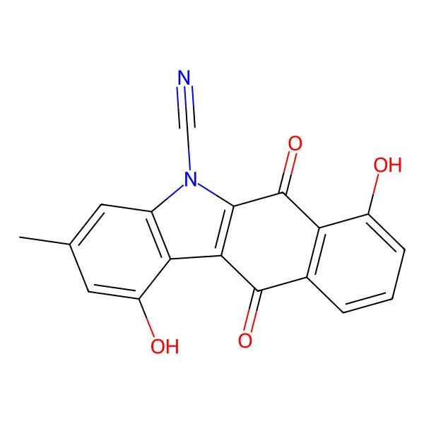 2D Structure of 5H-Benzo(b)carbazole-5-carbonitrile, 6,11-dihydro-1,7-dihydroxy-3-methyl-6,11-dioxo-