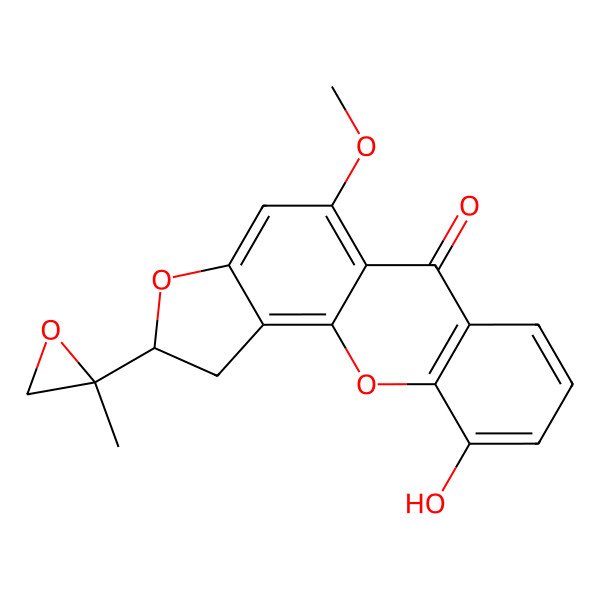 2D Structure of (2R)-1,2-Dihydro-10-hydroxy-5-methoxy-2-((2R)-2-methyl-2-oxiranyl)-6H-furo(2,3-c)xanthen-6-one