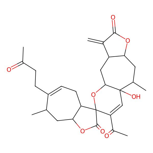 2D Structure of (1'R,3R,3'R,3aR,7R,7'R,8aS,9'S,10'R)-12'-acetyl-10'-hydroxy-7,9'-dimethyl-4'-methylidene-6-(3-oxobutyl)spiro[4,7,8,8a-tetrahydro-3aH-cyclohepta[b]furan-3,13'-6,14-dioxatricyclo[8.4.0.03,7]tetradec-11-ene]-2,5'-dione