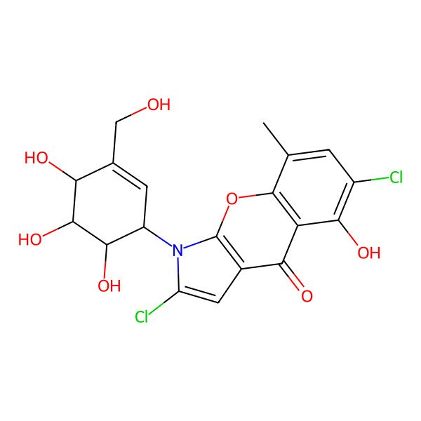 2D Structure of 2,6-Dichloro-5-hydroxy-8-methyl-1-[4,5,6-trihydroxy-3-(hydroxymethyl)cyclohex-2-en-1-yl]chromeno[2,3-b]pyrrol-4-one