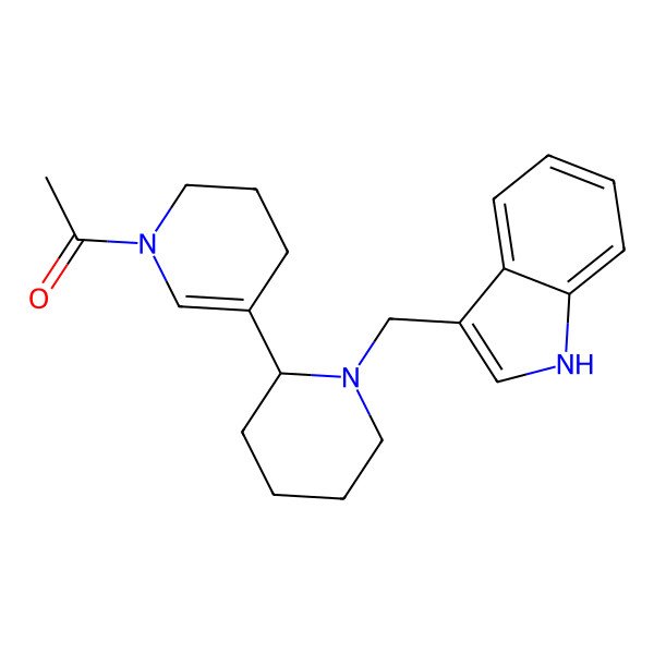 2D Structure of Pyridine, 1-acetyl-1,2,3,4-tetrahydro-5-(1-(1H-indol-3-ylmethyl)-2-piperidinyl)-