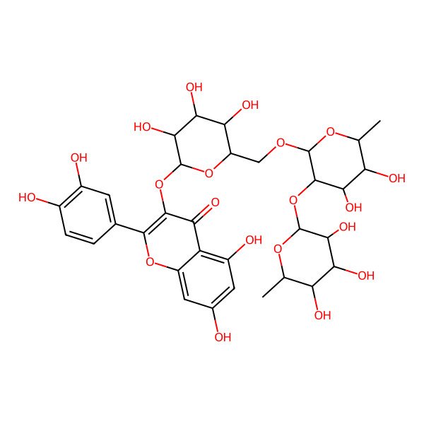 2D Structure of 3-((O-6-Deoxy-alpha-L-mannopyranosyl-(1->2)-O-6-deoxy-alpha-L-mannopyranosyl-(1->6)-beta-D-glucopyranosyl)oxy)-2-(3,4-dihydroxyphenyl)-5,7-dihydroxy-4H-1-benzopyran-4-one