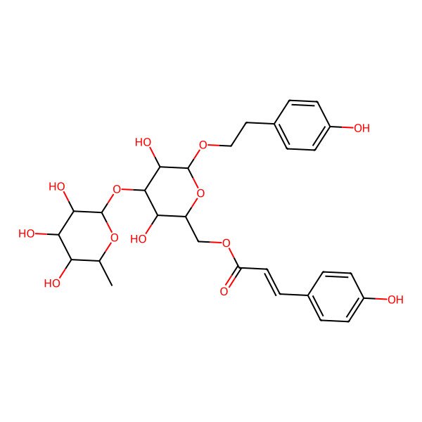 2D Structure of Qui(b1-3)[coumaroyl(-6)]Glc(b)-O-EtPh(4-OH)
