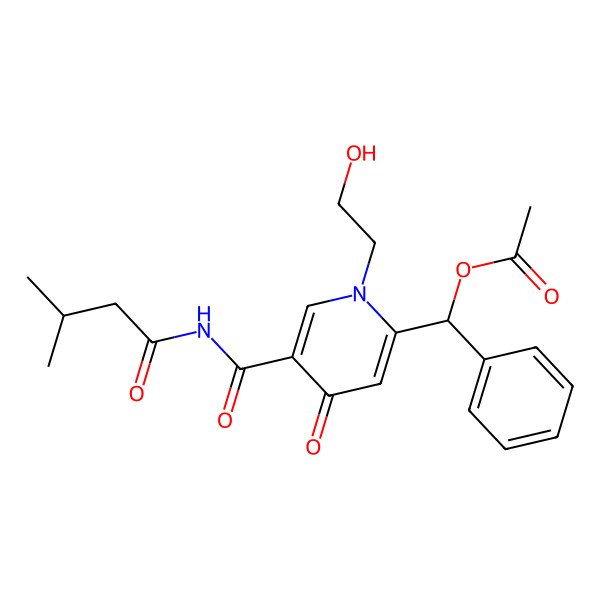 2D Structure of [(R)-[1-(2-hydroxyethyl)-5-(3-methylbutanoylcarbamoyl)-4-oxopyridin-2-yl]-phenylmethyl] acetate