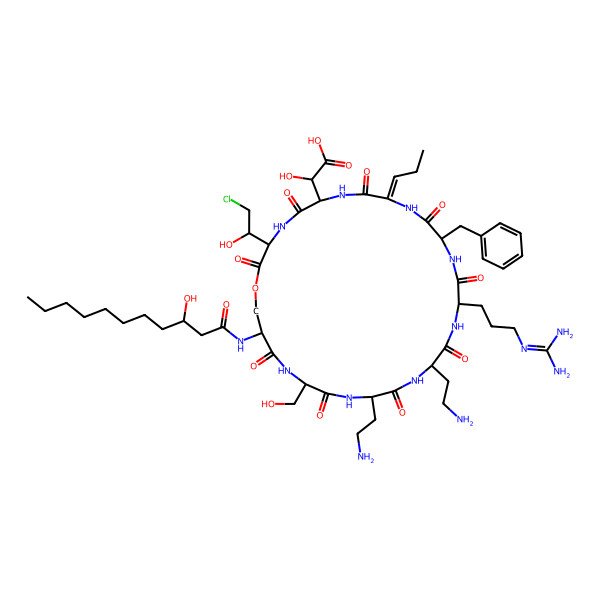 2D Structure of 2-[(9Z)-18,21-bis(2-aminoethyl)-12-benzyl-3-(2-chloro-1-hydroxyethyl)-15-[3-(diaminomethylideneamino)propyl]-24-(hydroxymethyl)-27-(3-hydroxyundecanoylamino)-2,5,8,11,14,17,20,23,26-nonaoxo-9-propylidene-1-oxa-4,7,10,13,16,19,22,25-octazacyclooctacos-6-yl]-2-hydroxyacetic acid