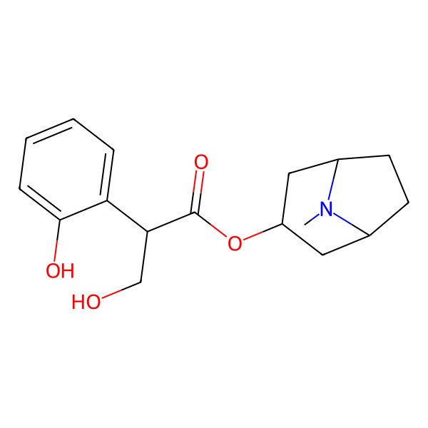 2D Structure of (R)-(1S,3S,5R,6S)-6-Hydroxy-8-methyl-8-azabicyclo[3.2.1]octan-3-yl 3-hydroxy-2-phenylpropanoate