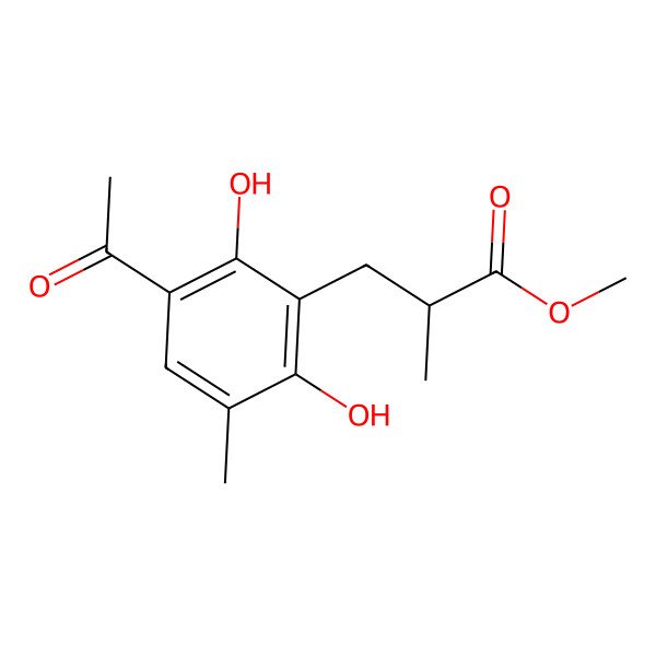 2D Structure of (R)-3-(3'-acetyl-2',6'-dihydroxy-5'-methylphenyl)-2-methylpropionic acid methyl ester 2D Structure of (R)-3-(3'-acetyl-2',6'-dihydroxy-5'-methylphenyl)-2-methylpropionic acid methyl ester
