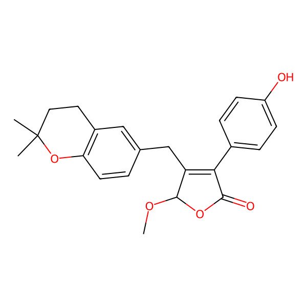 2D Structure of (R)-4-((2,2-dimethylchroman-6-yl)methyl)-3-(4-hydroxyphenyl)-5-methoxyfuran-2(5H)-one 2D Structure of (R)-4-((2,2-dimethylchroman-6-yl)methyl)-3-(4-hydroxyphenyl)-5-methoxyfuran-2(5H)-one