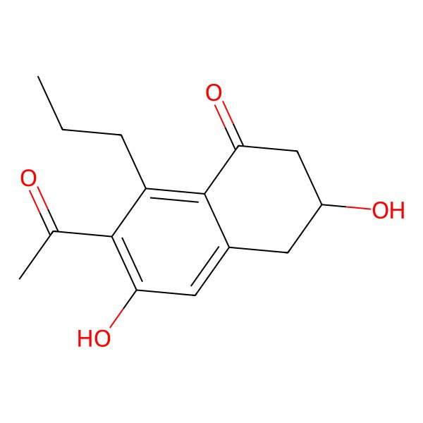 2D Structure of (R)-7-acetyl-3,6-dihydroxy-8-propyl-3,4-dihydronaphthalen-1(2H)-one 2D Structure of (R)-7-acetyl-3,6-dihydroxy-8-propyl-3,4-dihydronaphthalen-1(2H)-one