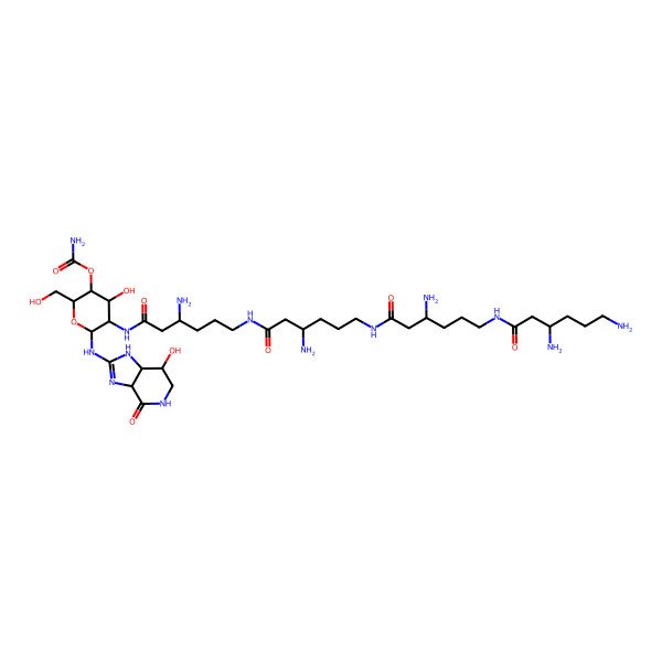 2D Structure of (3aS,7R,7aS)-2-((2-(((3S)-3-Amino-6-(((3S)-3-amino-6-(((3S)-3-amino-6-(((3S)-3,6-diamino-1-oxohexyl)amino)-1-oxohexyl)amino)-1-oxohexyl)amino)-1-oxohexyl)amino)-4-O-(aminocarbonyl)-2-deoxy-beta-D-gulopyranosyl)amino)-1,3a,5,6,7,7a-hexahydro-7-hydroxy-4H-imidazo(4,5-c)pyridin-4-one