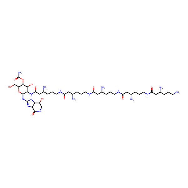 2D Structure of (3aS,7R,7aS)-2-((4-O-(Aminocarbonyl)-2-deoxy-2-(((3S,10S,17S,24S,31S)-3,10,17,24,31,34-hexaamino-1,8,15,22,29-pentaoxo-7,14,21,28-tetraazatetratriacont-1-yl)amino)-beta-D-gulopyranosyl)amino)-3,3a,5,6,7,7a-hexahydro-7-hydroxy-4H-imidazo(4,5-c)pyridin-4-one